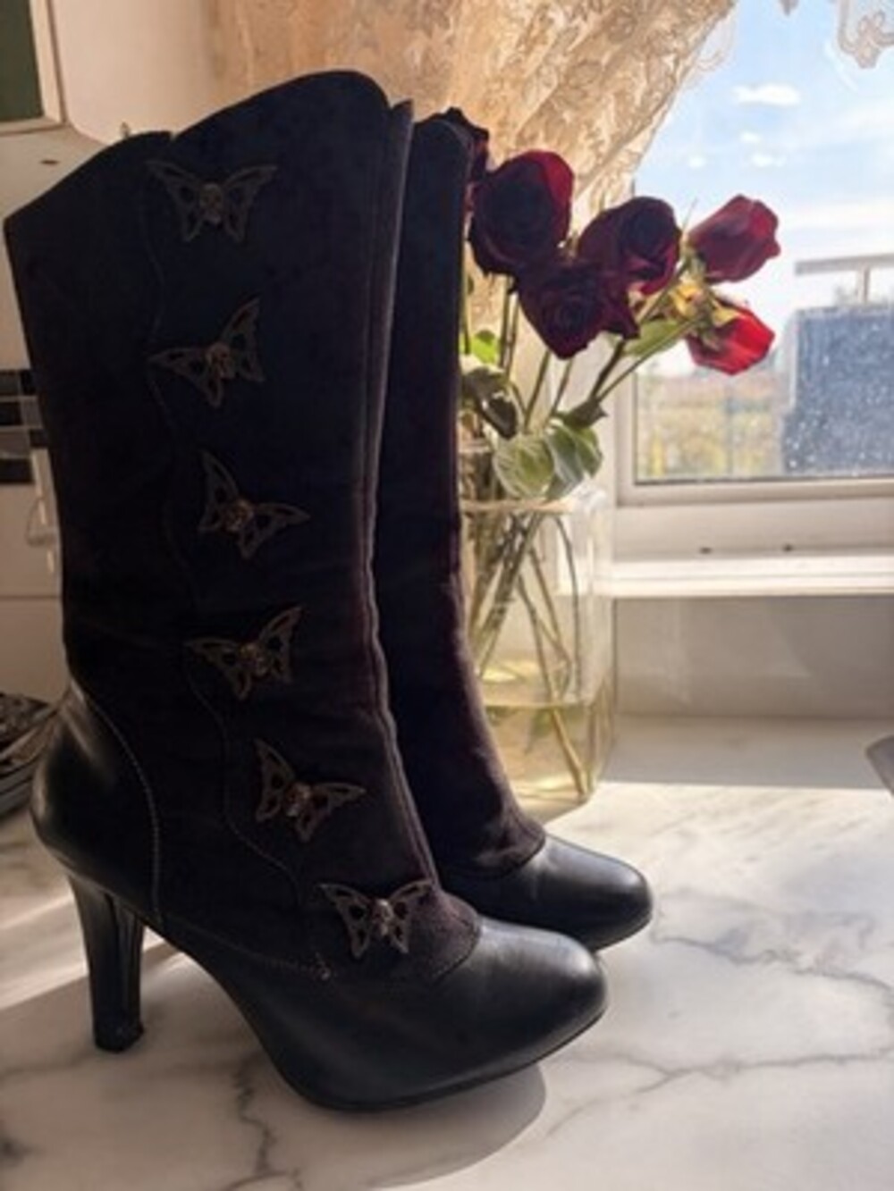 DEMONIA Tesla 107 Ladies Black Boots Vegan Leather Skull Butterfly Heel Size 8-9